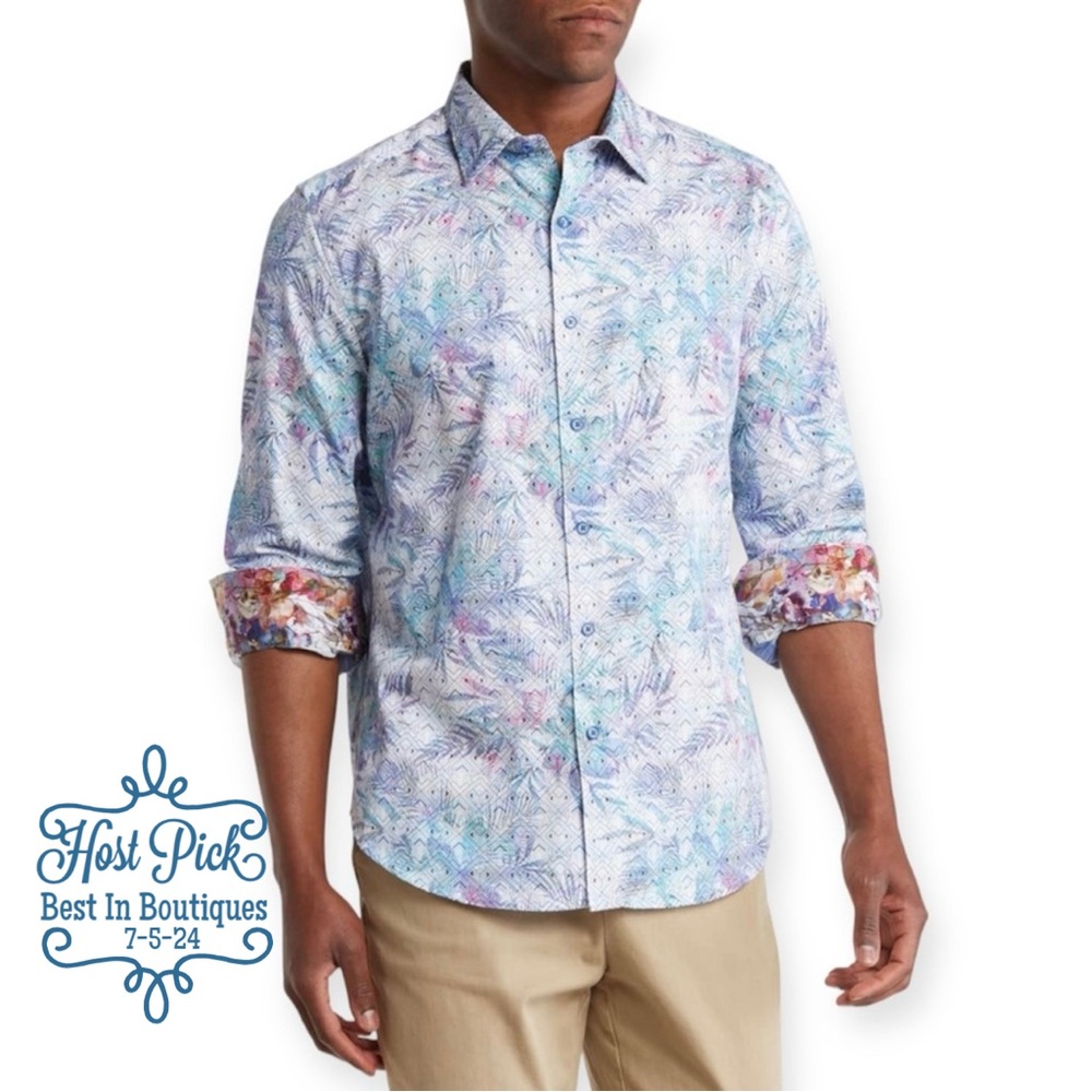 ROBERT GRAHAM Luddington Button-Up Shirt Classic Fit Tropical Print Flip Cuff